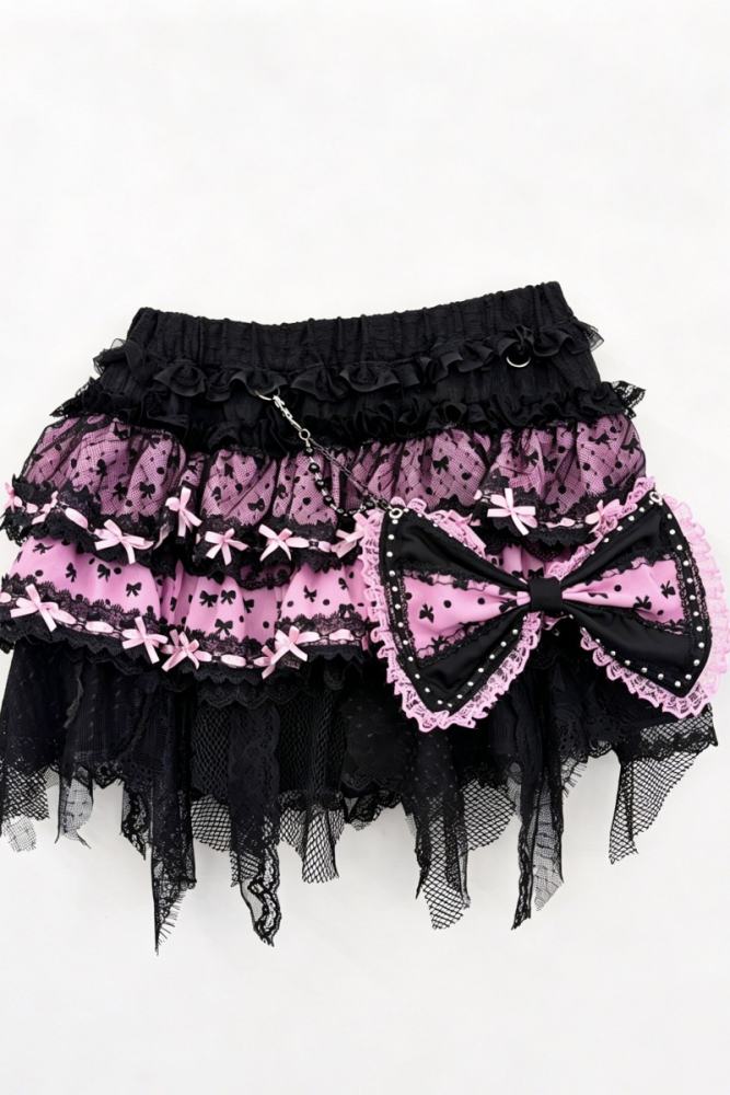 Red Devil Gyaru Style Bows Black Pink Top and Skirt