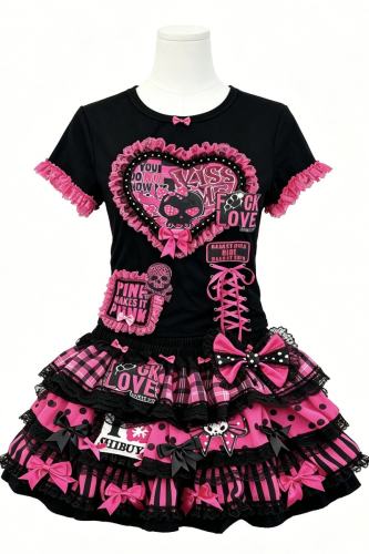 Red Devil Punk Style Black Pink T-shirt and Gyaru Skirt