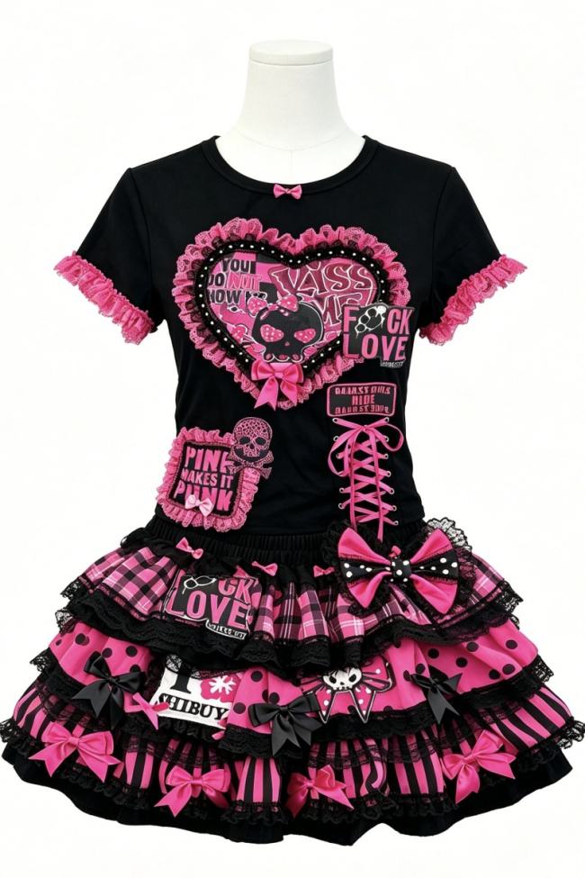 Red Devil Punk Style Black Pink T-shirt and Gyaru Skirt