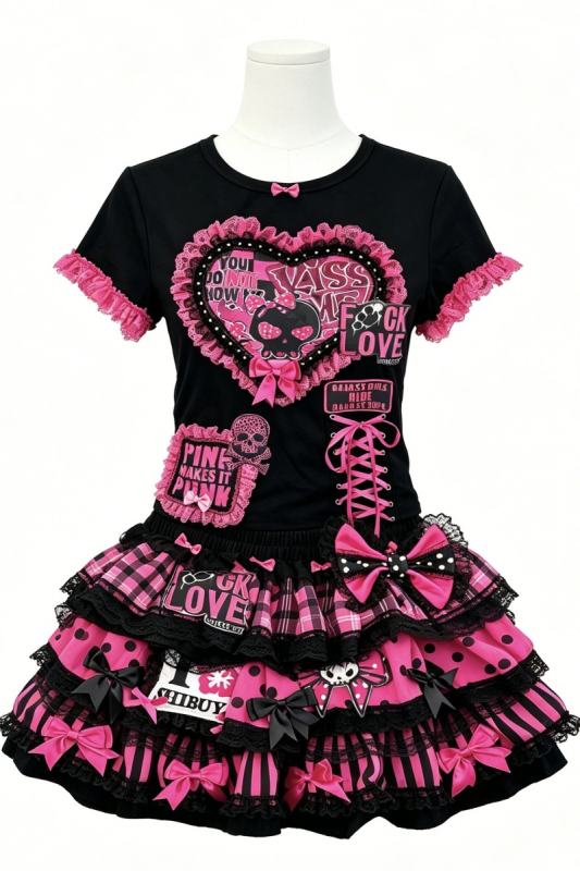 Red Devil Punk Style Black Pink T-shirt and Gyaru Skirt