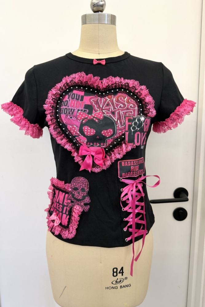 Red Devil Punk Style Black Pink T-shirt and Gyaru Skirt