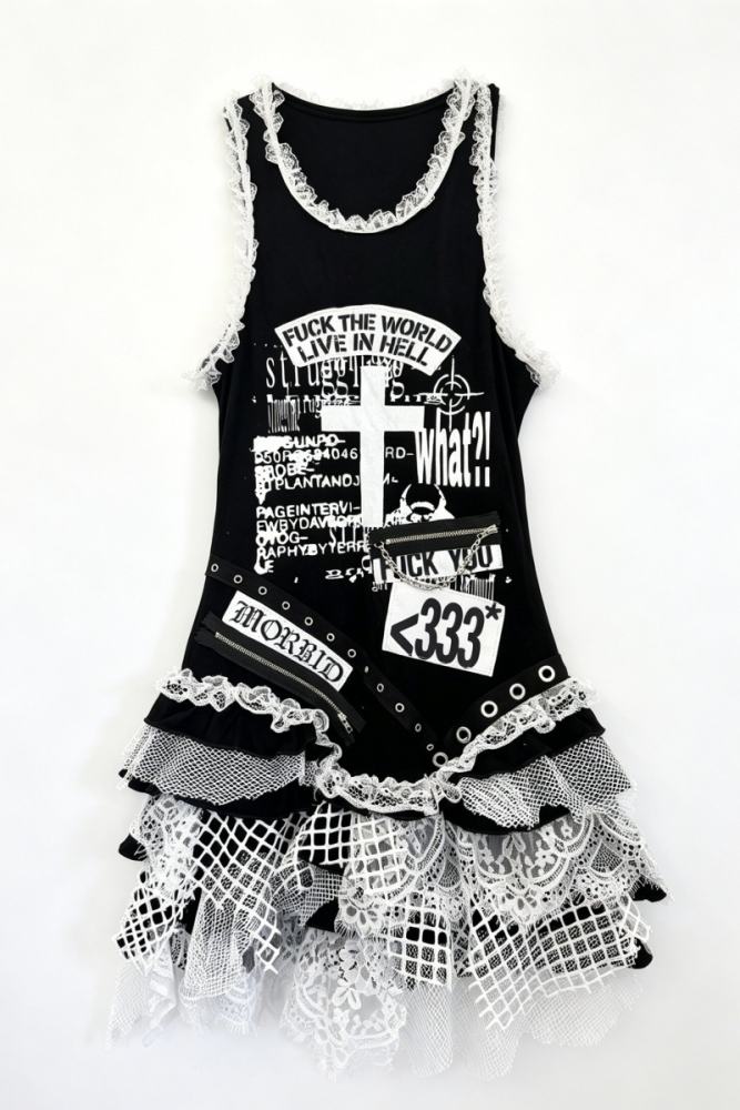 Red Devil Subculture Punk Lace Patchwork Vest Dress