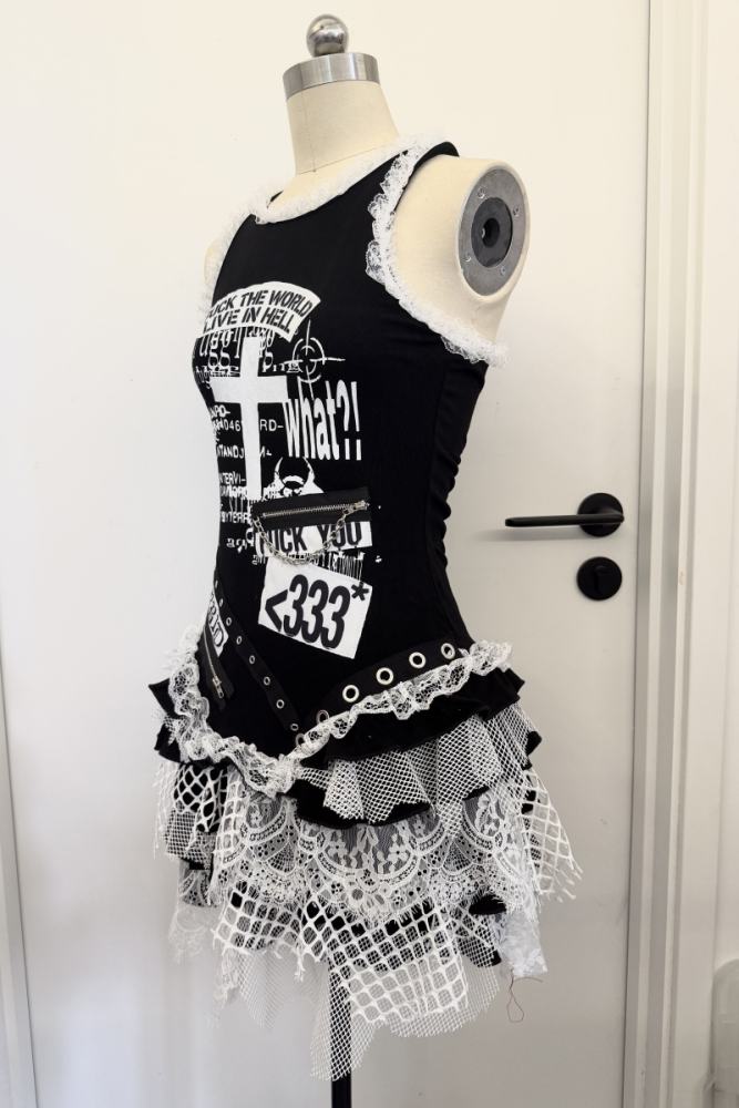 Red Devil Subculture Punk Lace Patchwork Vest Dress