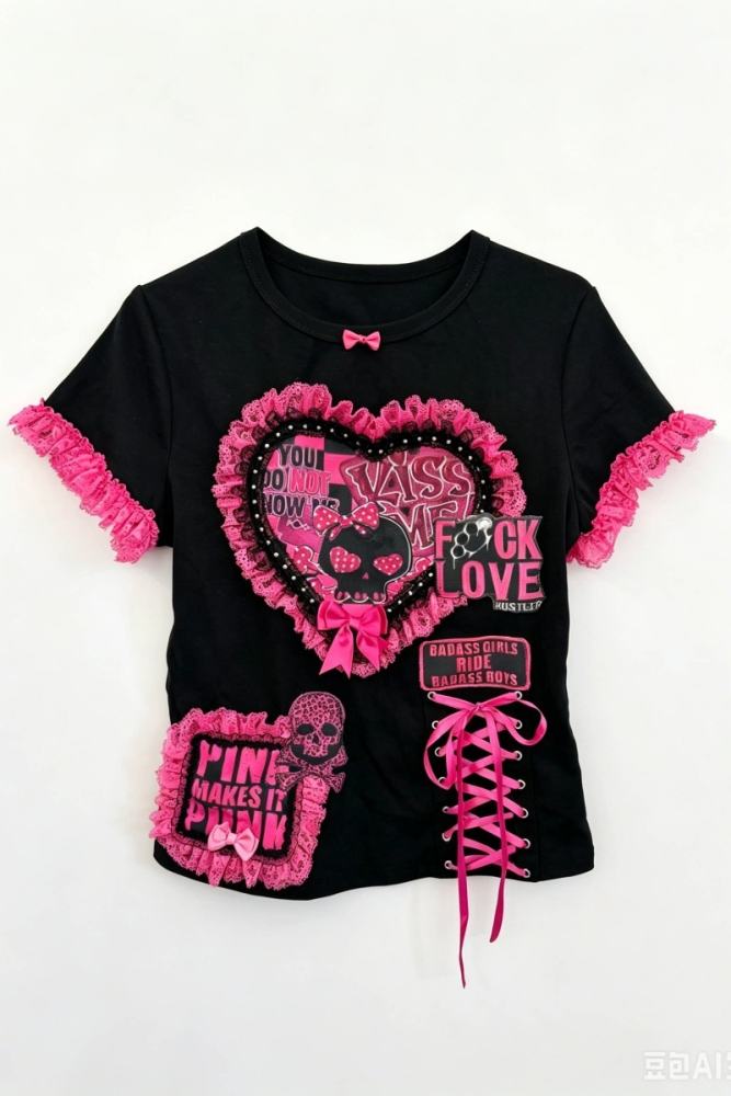Red Devil Punk Style Black Pink T-shirt and Gyaru Skirt