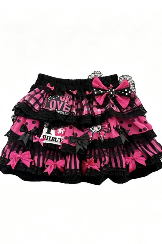 Red Devil Punk Style Black Pink T-shirt and Gyaru Skirt