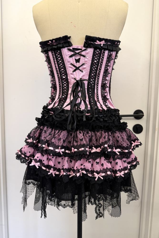 Red Devil Gyaru Style Bows Black Pink Top and Skirt