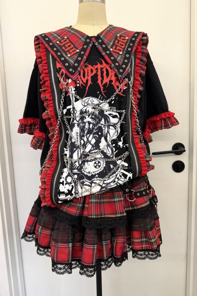 Red Devil Punk Style Chain Strap Red Black Plaid Skirt