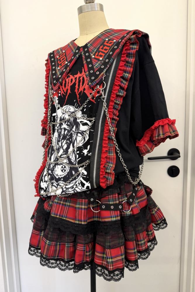 Red Devil Punk Style Chain Strap Red Black Plaid Skirt