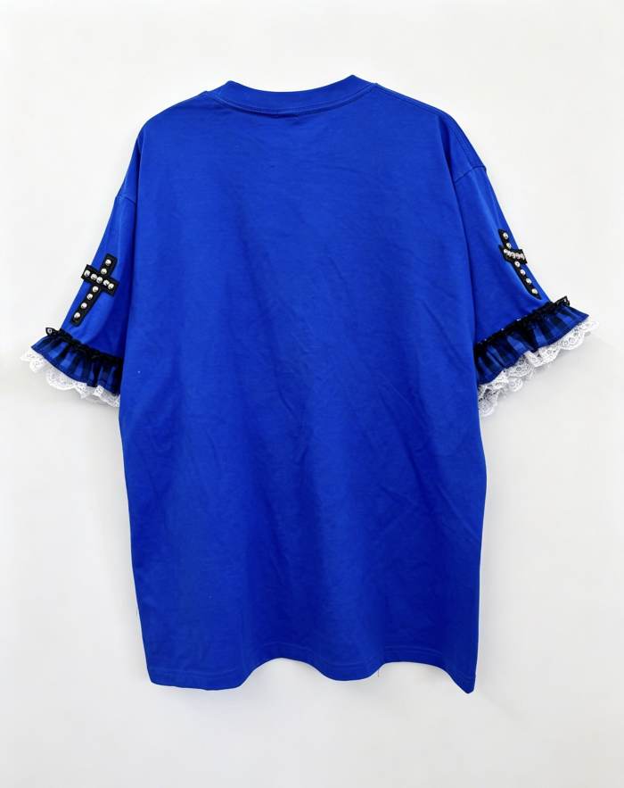 Red Devil Subculture Punk Somber Blue Lace Heart T-shirt