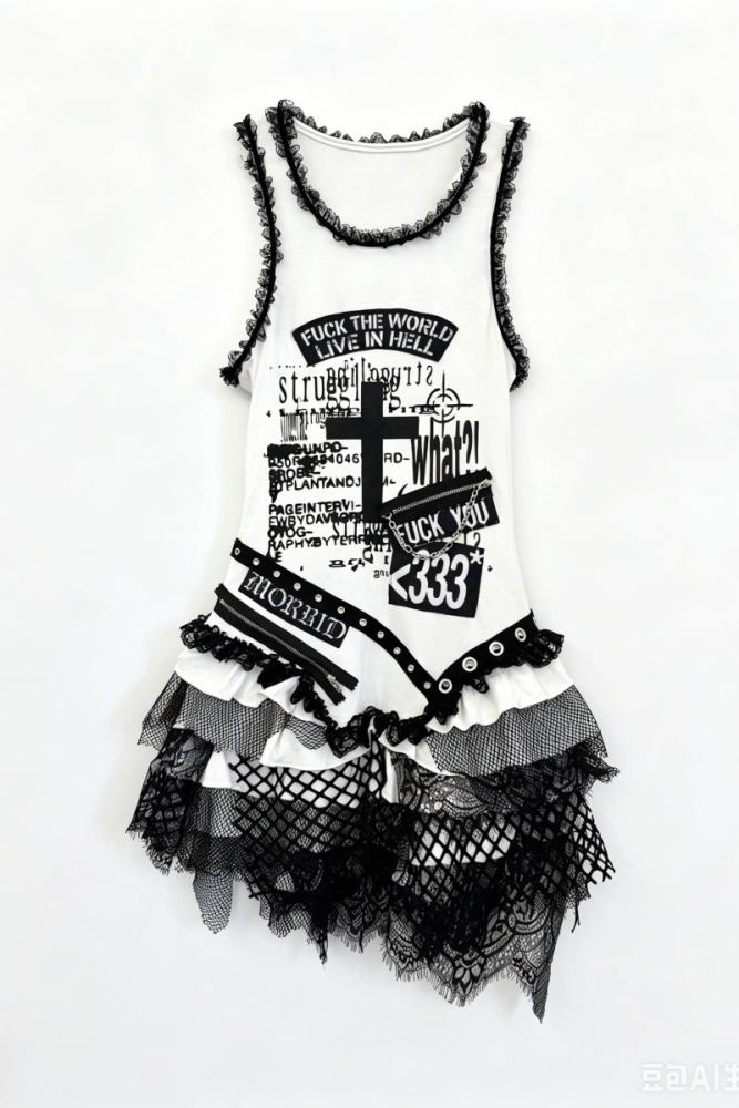 Red Devil Subculture Punk Lace Patchwork Vest Dress