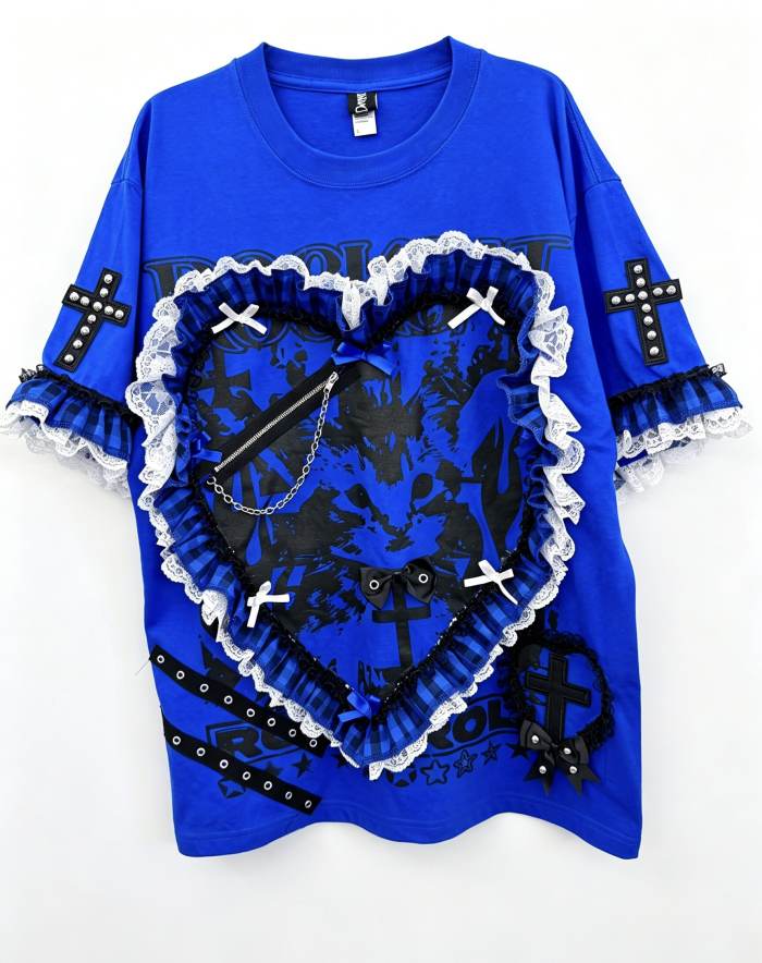 Red Devil Subculture Punk Somber Blue Lace Heart T-shirt