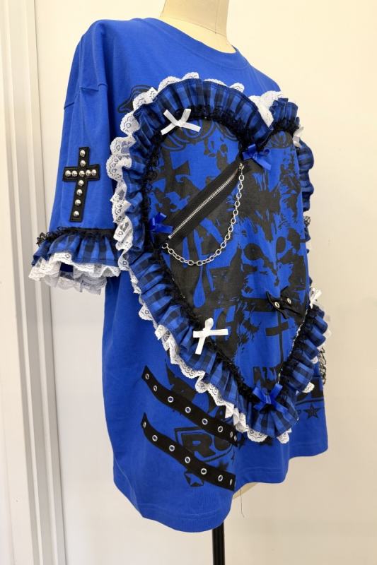 Red Devil Subculture Punk Somber Blue Lace Heart T-shirt