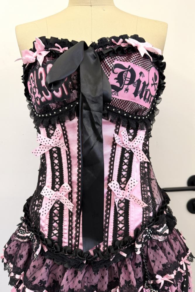 Red Devil Gyaru Style Bows Black Pink Top and Skirt