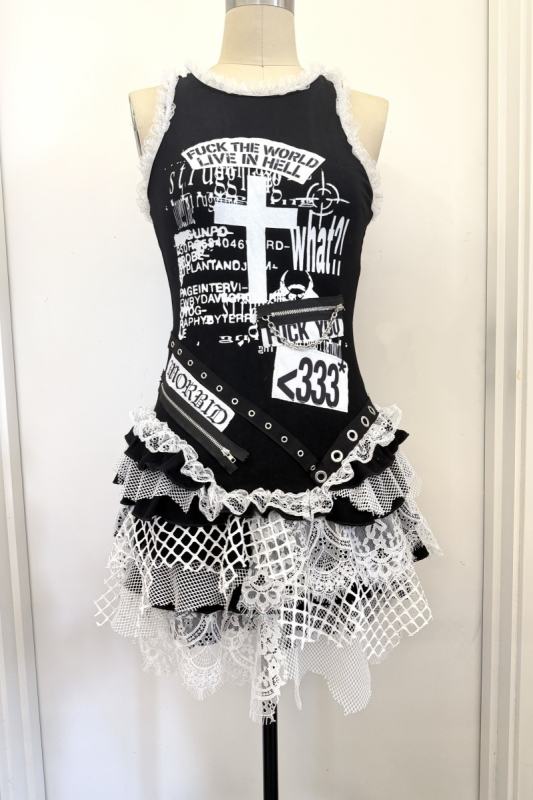 Red Devil Subculture Punk Lace Patchwork Vest Dress