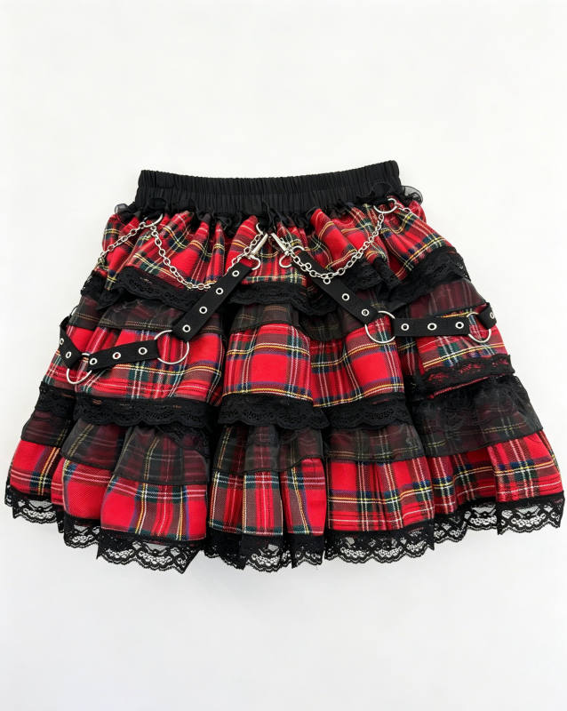 Red Devil Punk Style Chain Strap Red Black Plaid Skirt