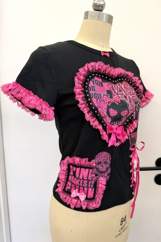 Red Devil Punk Style Black Pink T-shirt and Gyaru Skirt