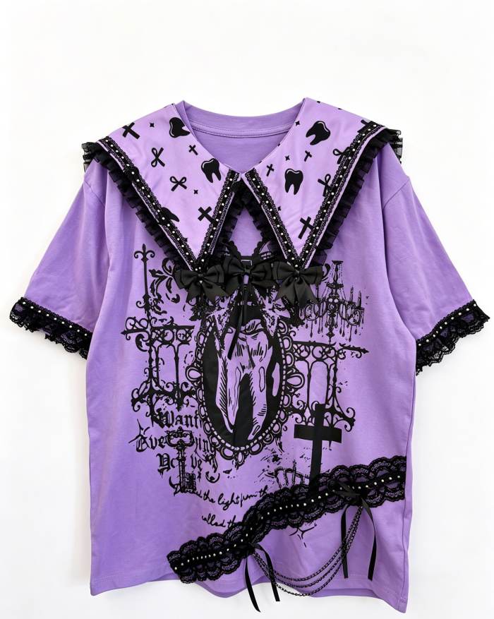 Red Devil Gothic Lacework Bunny Ear Purple T-shirt