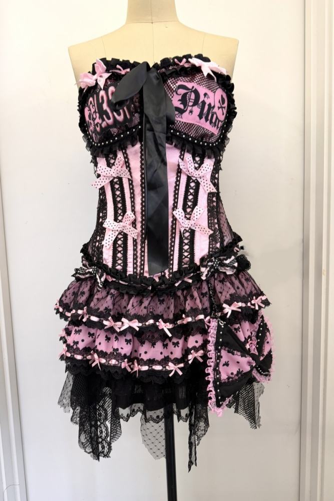 Red Devil Gyaru Style Bows Black Pink Top and Skirt