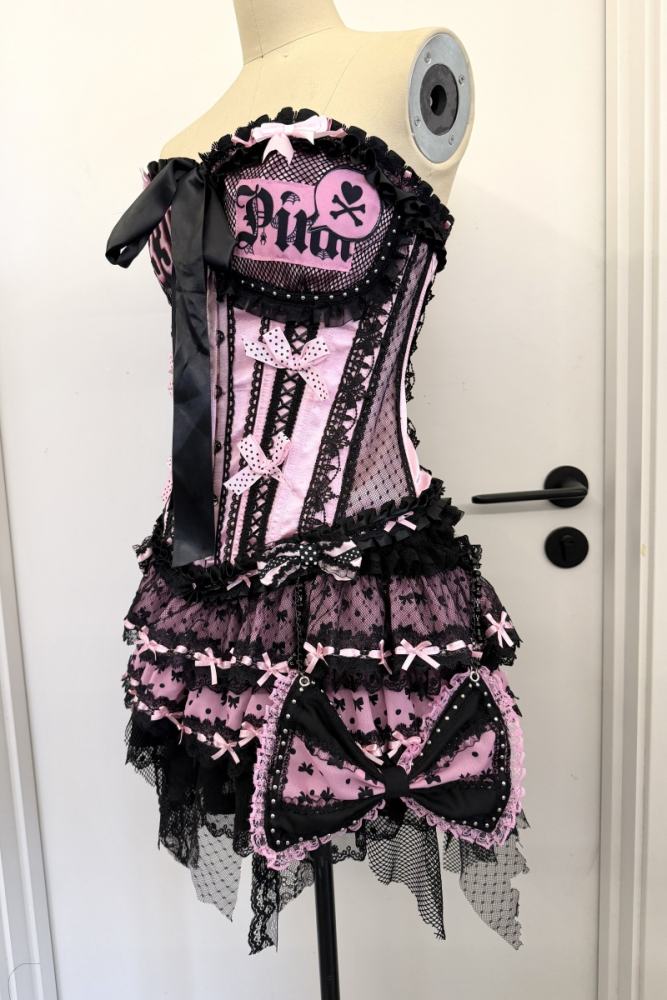 Red Devil Gyaru Style Bows Black Pink Top and Skirt