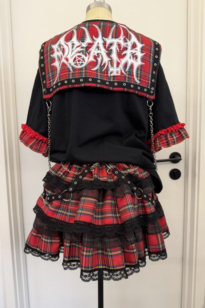 Red Devil Punk Style Chain Strap Red Black Plaid Skirt