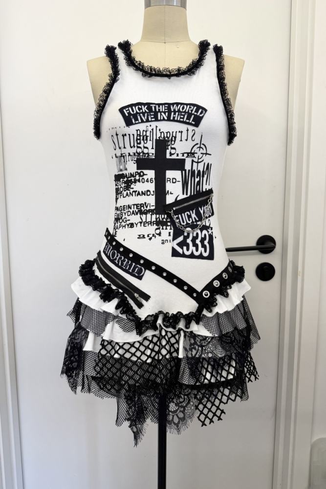 Red Devil Subculture Punk Lace Patchwork Vest Dress