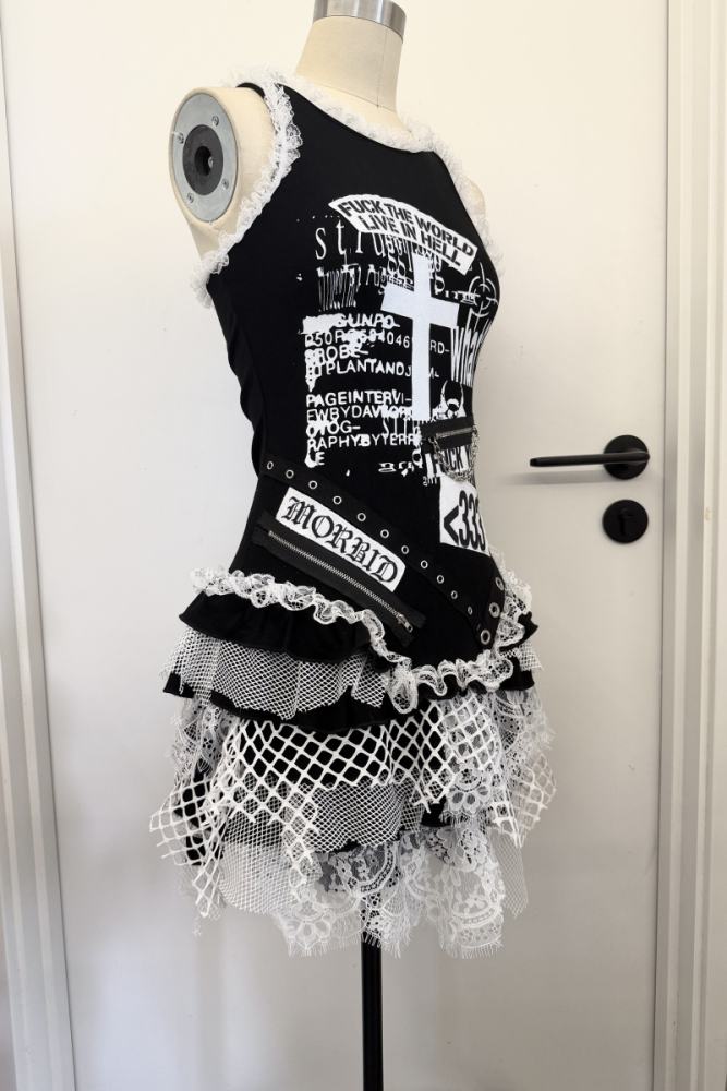 Red Devil Subculture Punk Lace Patchwork Vest Dress