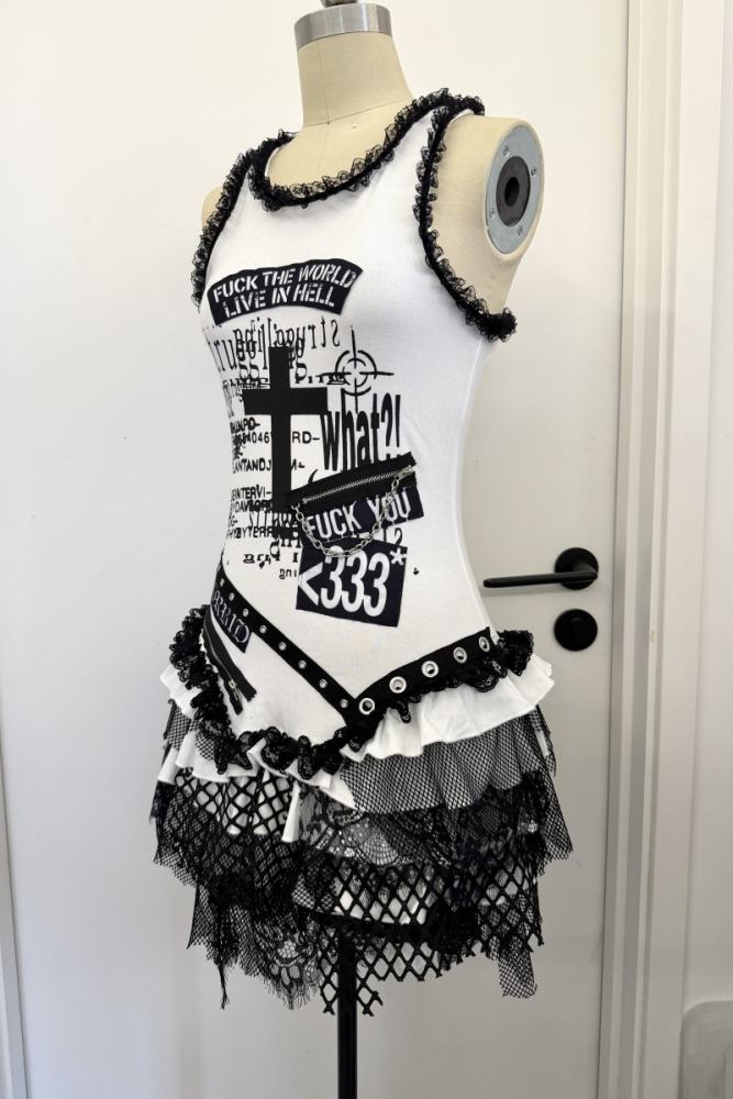Red Devil Subculture Punk Lace Patchwork Vest Dress