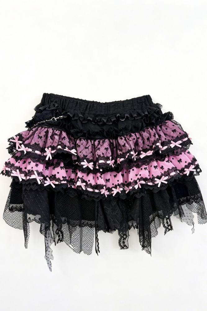 Red Devil Gyaru Style Bows Black Pink Top and Skirt