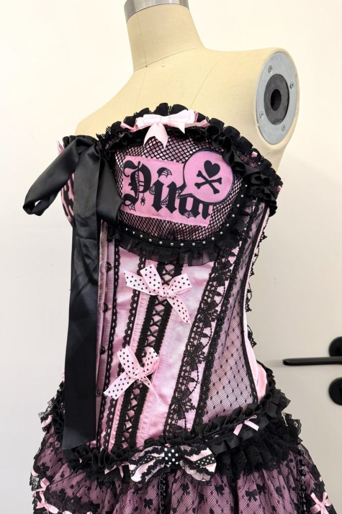 Red Devil Gyaru Style Bows Black Pink Top and Skirt