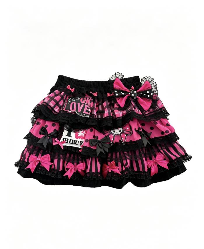 Red Devil Punk Style Black Pink T-shirt and Gyaru Skirt