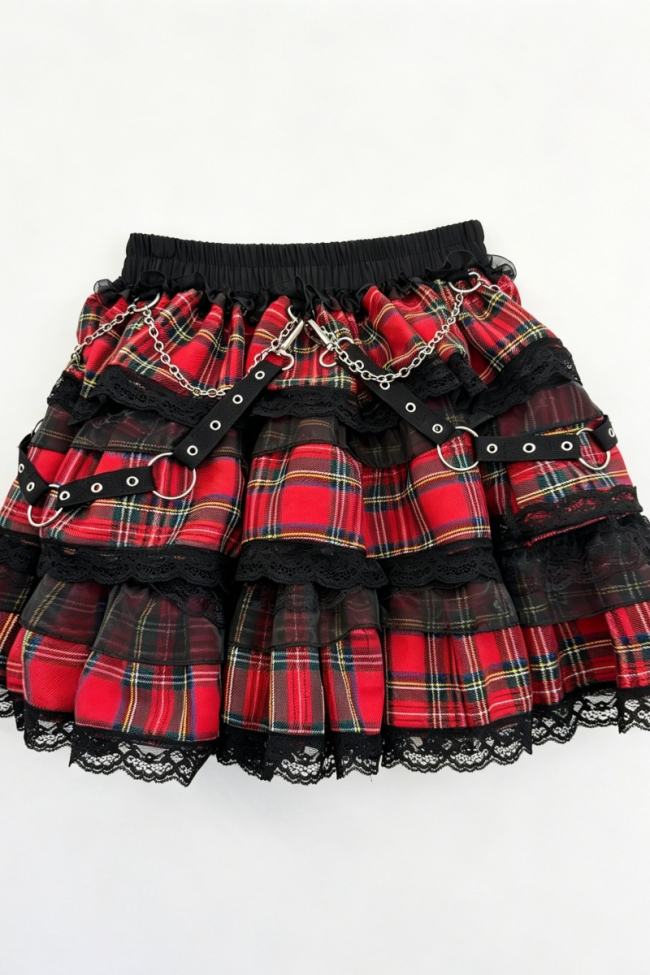 Red Devil Punk Style Chain Strap Red Black Plaid Skirt