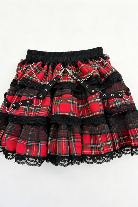 Red Devil Punk Style Chain Strap Red Black Plaid Skirt