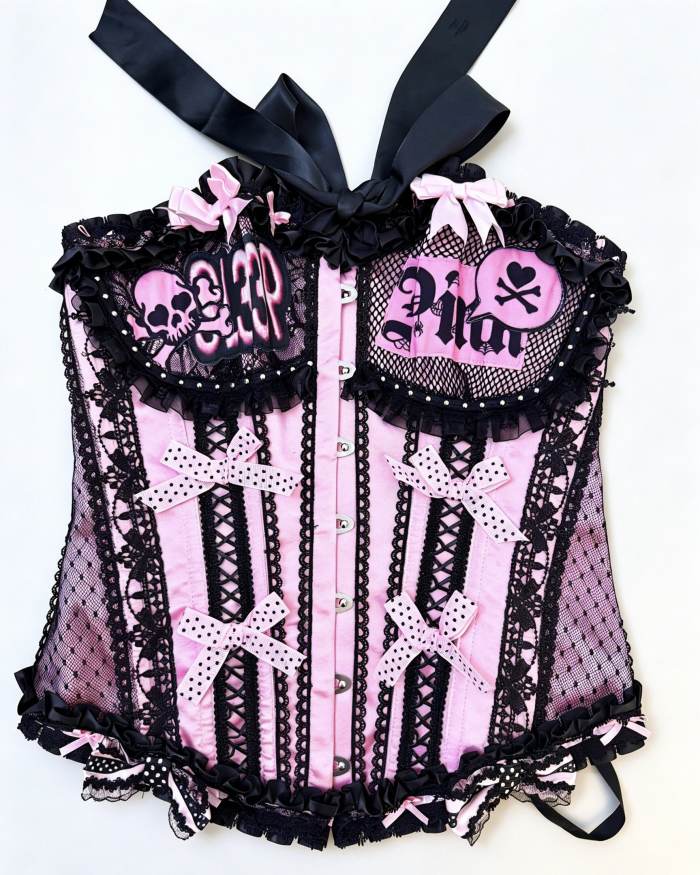 Red Devil Gyaru Style Bows Black Pink Top and Skirt