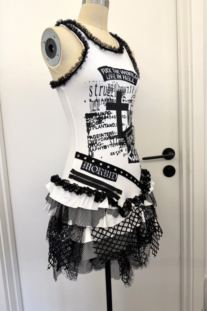 Red Devil Subculture Punk Lace Patchwork Vest Dress