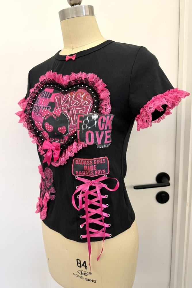 Red Devil Punk Style Black Pink T-shirt and Gyaru Skirt