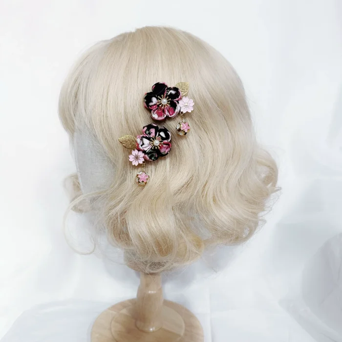 Lianzicao Japanese Cherry Blossom Black Pink Hairpin Lolita Side Clip