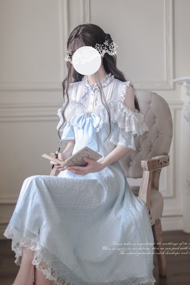 Wave Melody Retro Girly Off Shoulder Blue Dress
