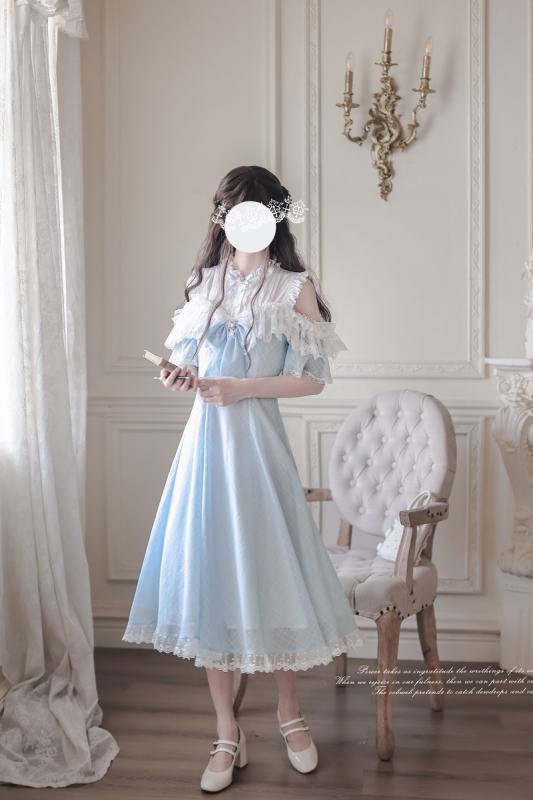 Wave Melody Retro Girly Off Shoulder Blue Dress