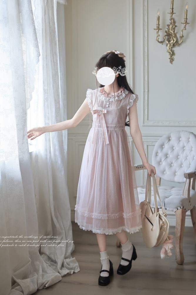 Polka Dot Doll Retro Girly Pink Grey Dress