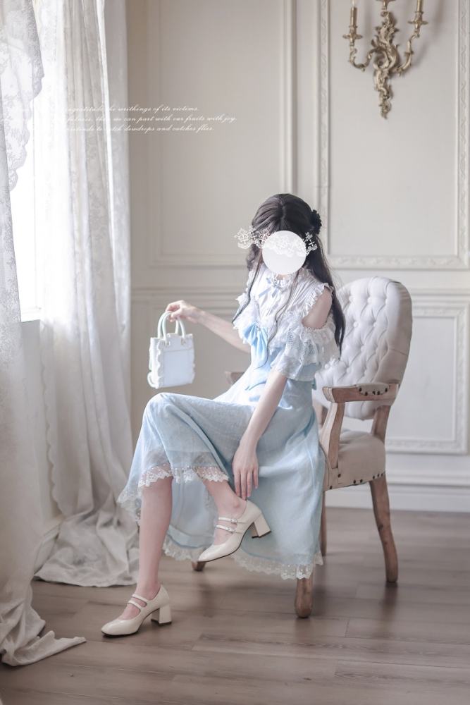 Wave Melody Retro Girly Off Shoulder Blue Dress