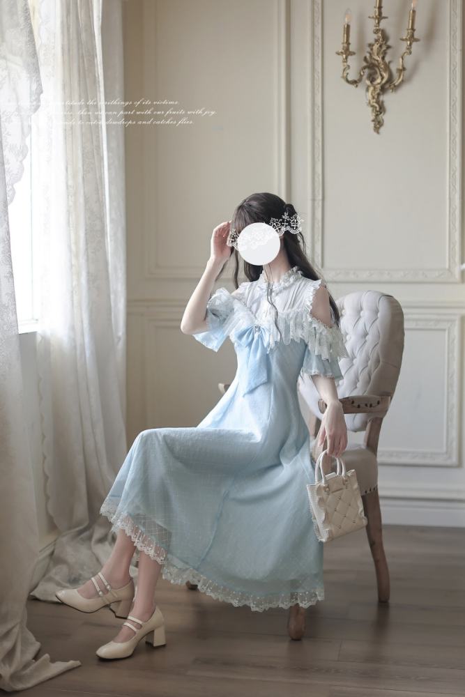 Wave Melody Retro Girly Off Shoulder Blue Dress