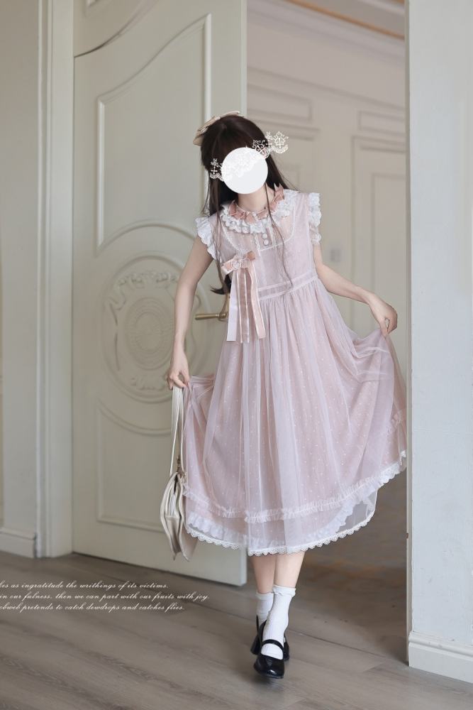Polka Dot Doll Retro Girly Pink Grey Dress