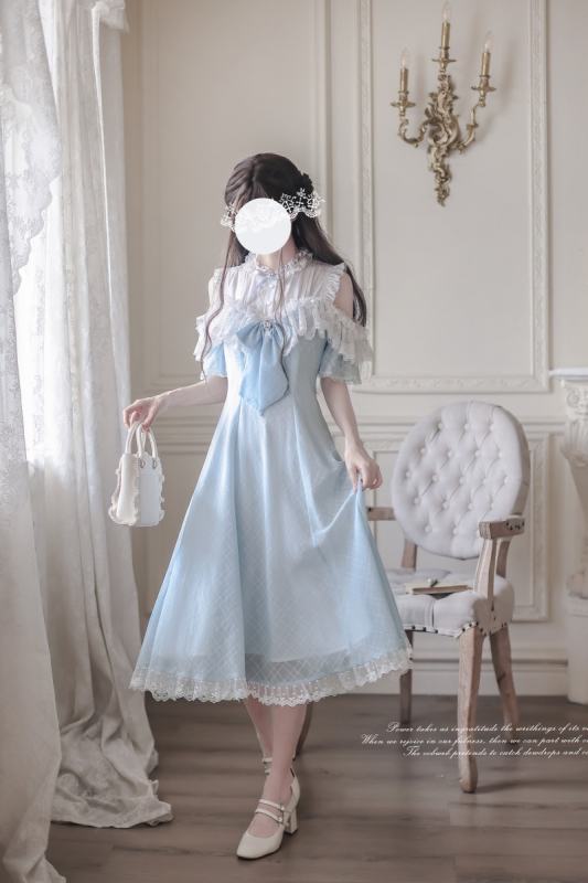 Wave Melody Retro Girly Off Shoulder Blue Dress