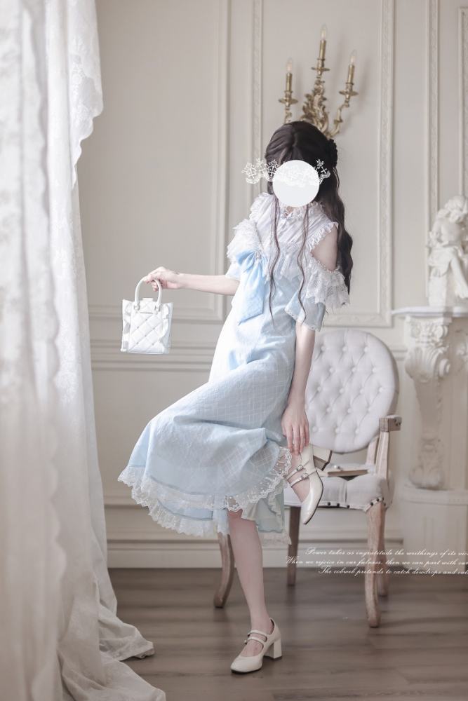 Wave Melody Retro Girly Off Shoulder Blue Dress