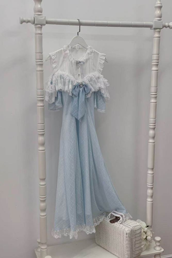 Wave Melody Retro Girly Off Shoulder Blue Dress