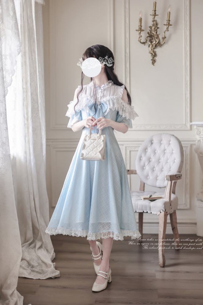 Wave Melody Retro Girly Off Shoulder Blue Dress