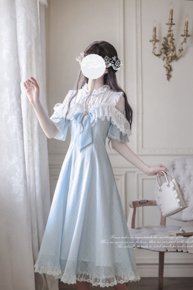 Wave Melody Retro Girly Off Shoulder Blue Dress