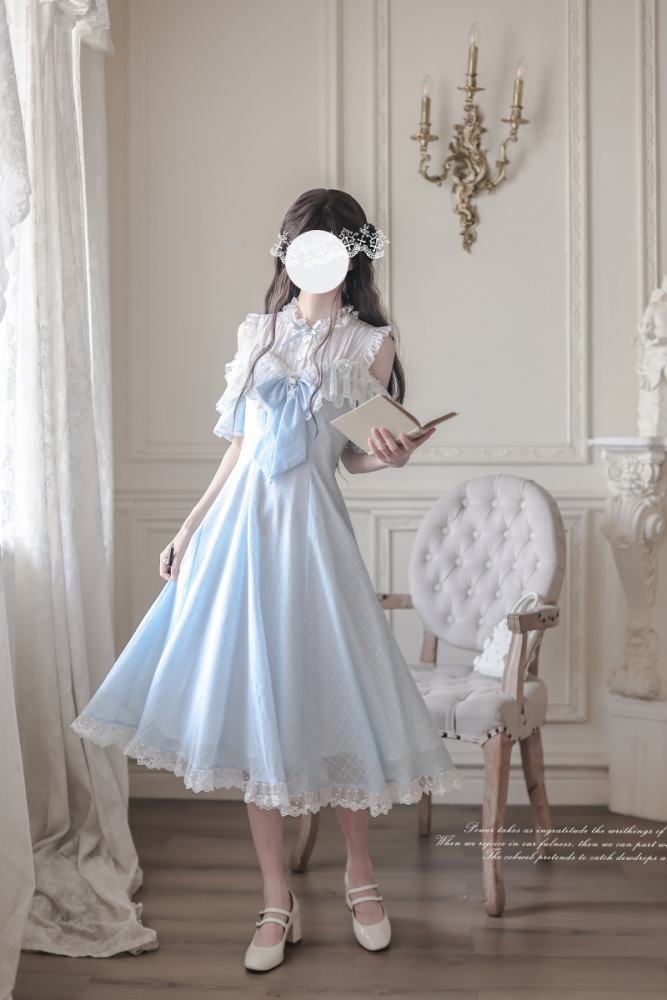 Wave Melody Retro Girly Off Shoulder Blue Dress