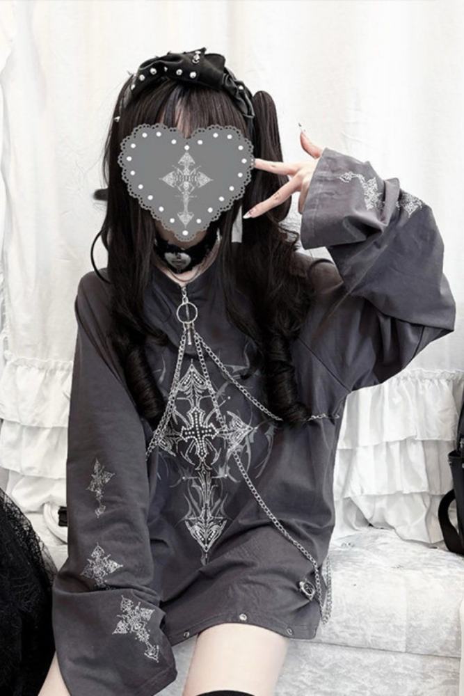 AO Space Cross Prints Jirai Kei Long Sleeve T-shirt