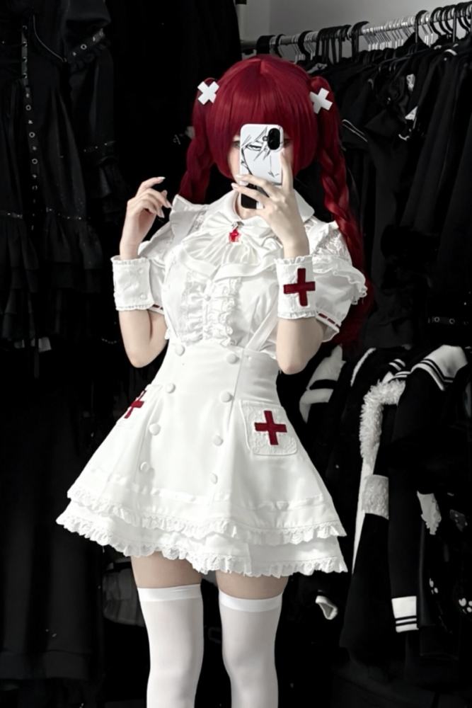 Lost Heart Nurse Pink White Jirai Kei Blouse and Skirt